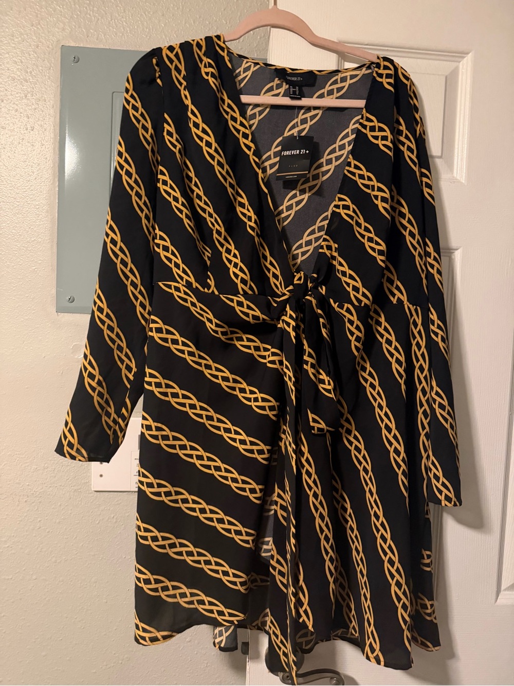 Forever 21 Black and Gold Chain-Print Wrap Dress